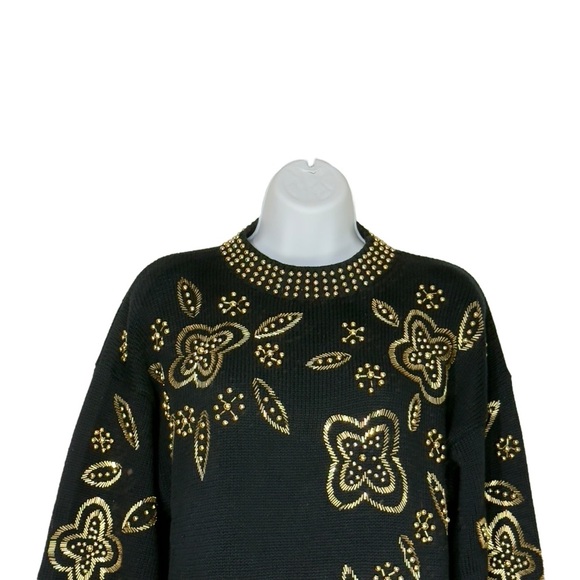 Vintage Brama International Black Gold Beaded Knit Pullover Sweater Large - Picture 4 of 13